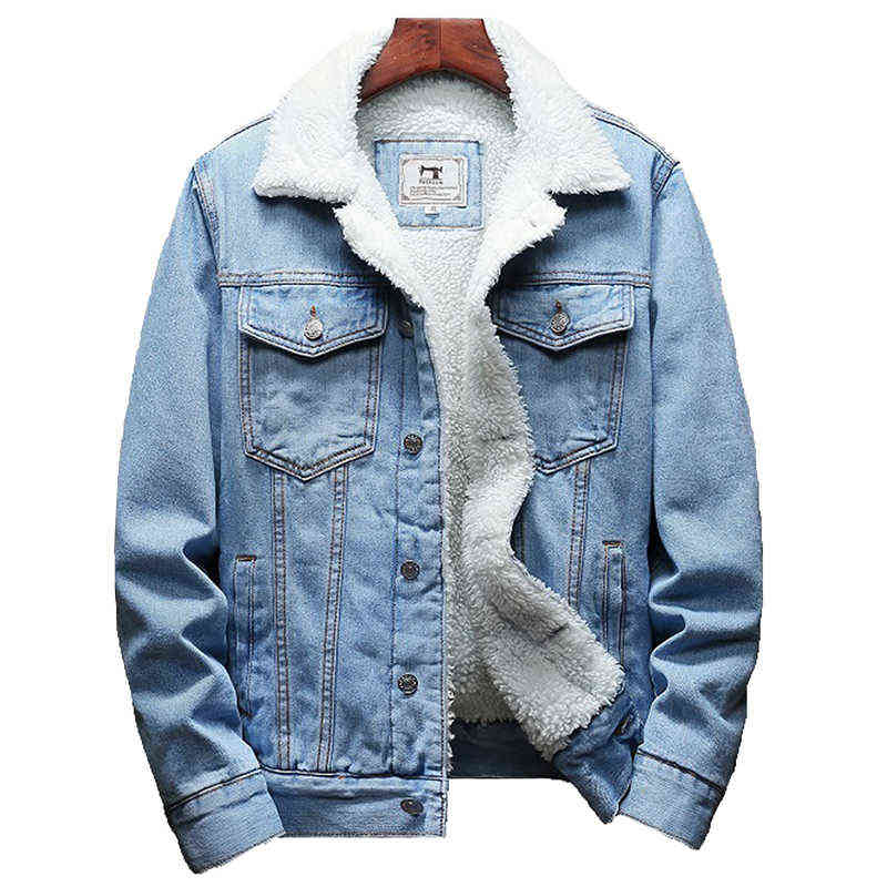 

2020 Winter New Thick Warm Fashion Boutique Solid Color Men's Casual Denim Jacket / Male Wool Denim Coat Large Size S-6XL Y1106, Light blue