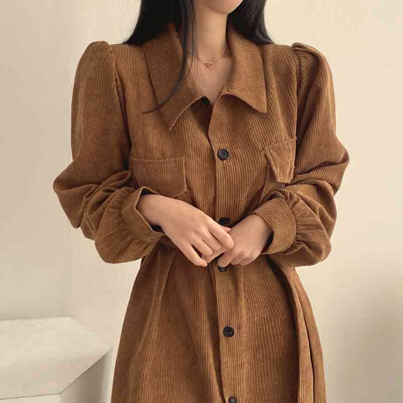 

Chic Vintage Dress Woman Autumn Winter French Single-breasted Lace-up Waist Puff Sleeve Mid-length Corduroy Dress, Black;gray