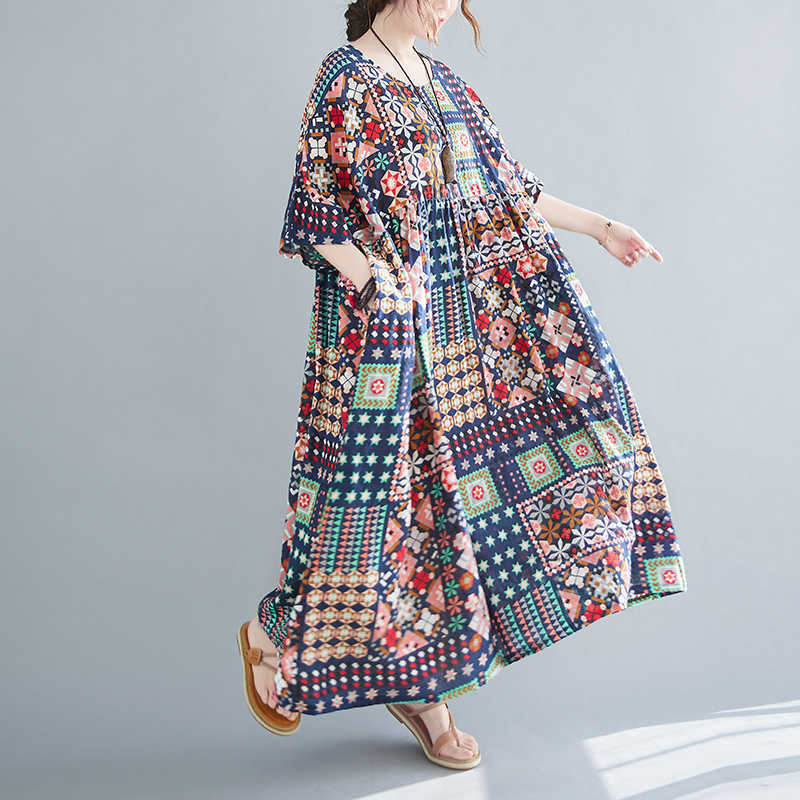 

Big Sale Spring and Summer Fashion Casual Loose Women's Dress Literary Plus Size Retro Printed Short-sleeved 210615, Navy