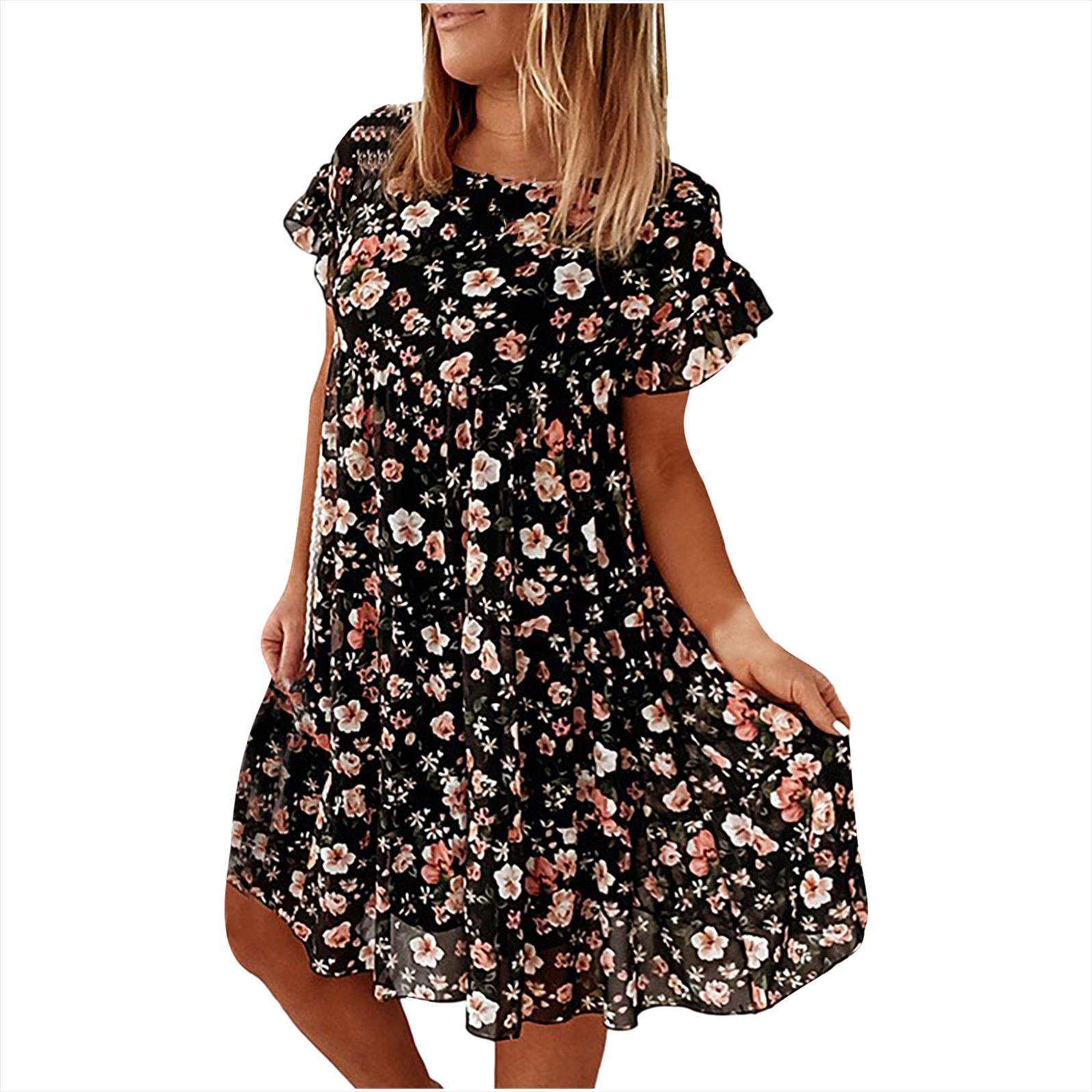 

summer plus size women dresses o neck floral print short oversize beach ruffles casual loose midi vestidos, Black;gray