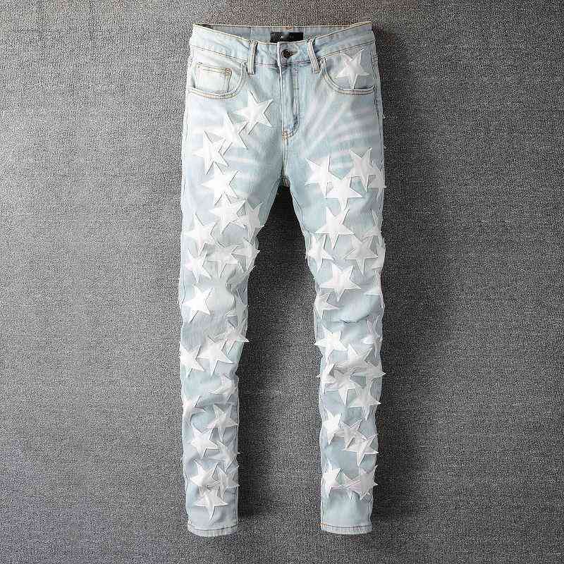 

High Quality Streetwear Designer Patchwork Brand Jean Men Hip Hop Leather Star Stitching Ripped Jeans Denim Pant Ripped Tights, Blue