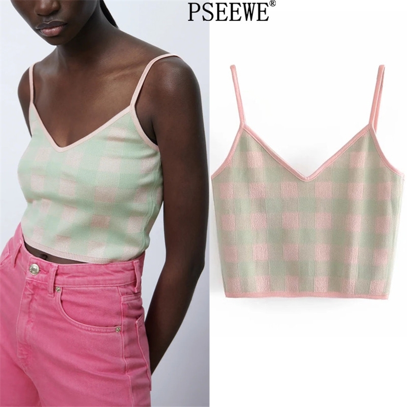 

Woman Pink Plaid Knit Crop Tops Female Summer Fashion V Neck Women Top on Thin Straps Sleeveless Sexy Tank Camis 210519