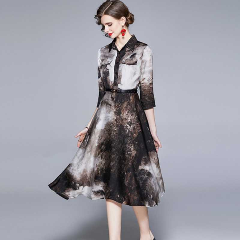 

Spring Runway Designer Elegant Ink printing Dress Women's Fashion Turn Down Collar Retro Casual Office OL Vestidos 210526, Photo color