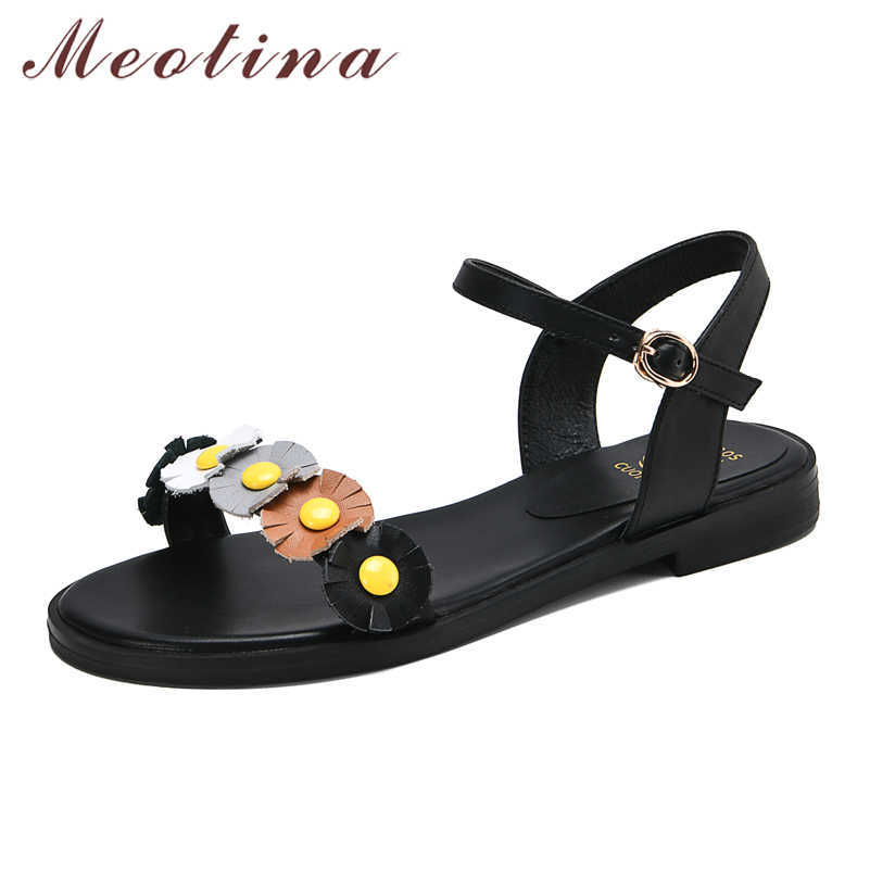 

Meotina Women Shoes Flat Sandals Natural Genuine Leather Shoes Buckle Round Toe Flower Sandals Female Black Big Size 3-10.5 210608