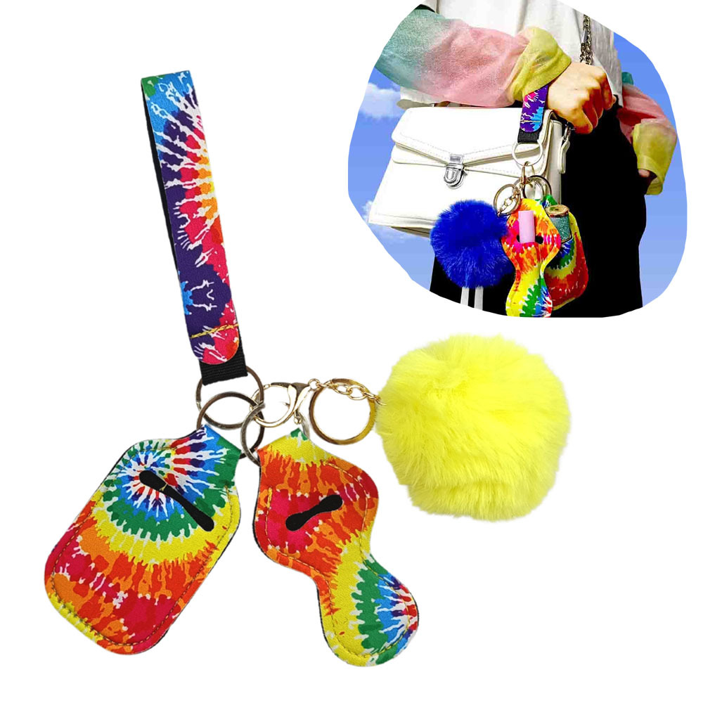 

Lipstick holder Keychain Charm Spray Pompom Hand Sanitizer Lip Gloss Set For Woman Men Neoprene Dyeing Color Keyring