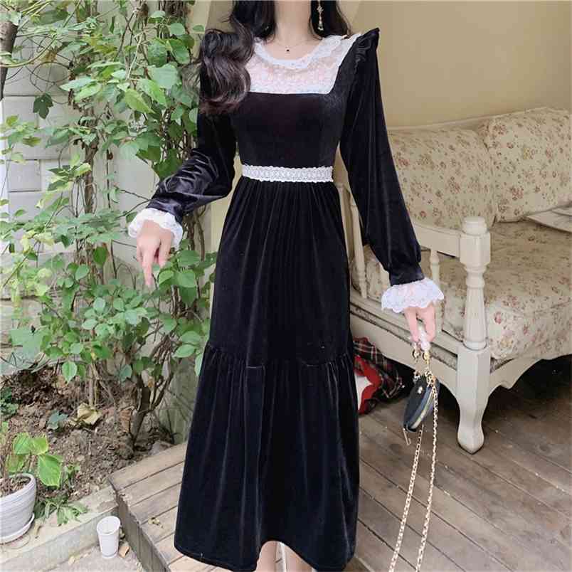 

Vintage Women Lace Ruffles Patchwork Velvet Dress Spring Elegant Lady Black Long Sleeve Party Dresses Vestidos 210519