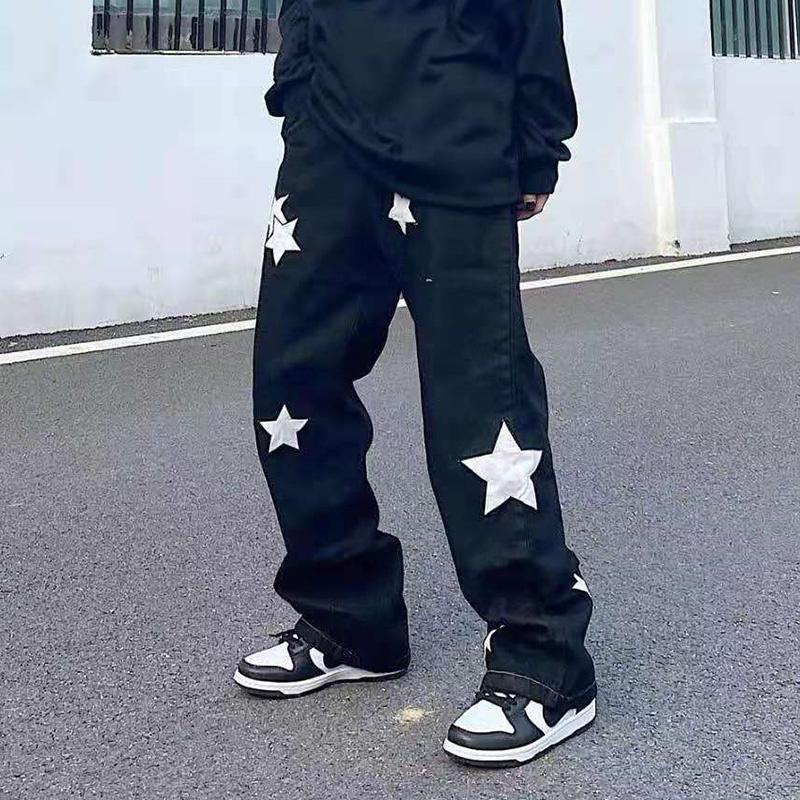 

Men's Jeans Retro Washed Five Stars Print Black Spliced Pants Mens And Womens Straight Streetwear Vibe Loose Casual Denim Trousers