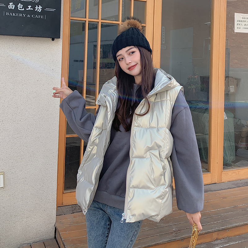 

2021 Spring Hooded Women Cotton Vest Autumn Casual Thick Waistcoat Sleeveless Solid Removable Hat Vest, Black;white