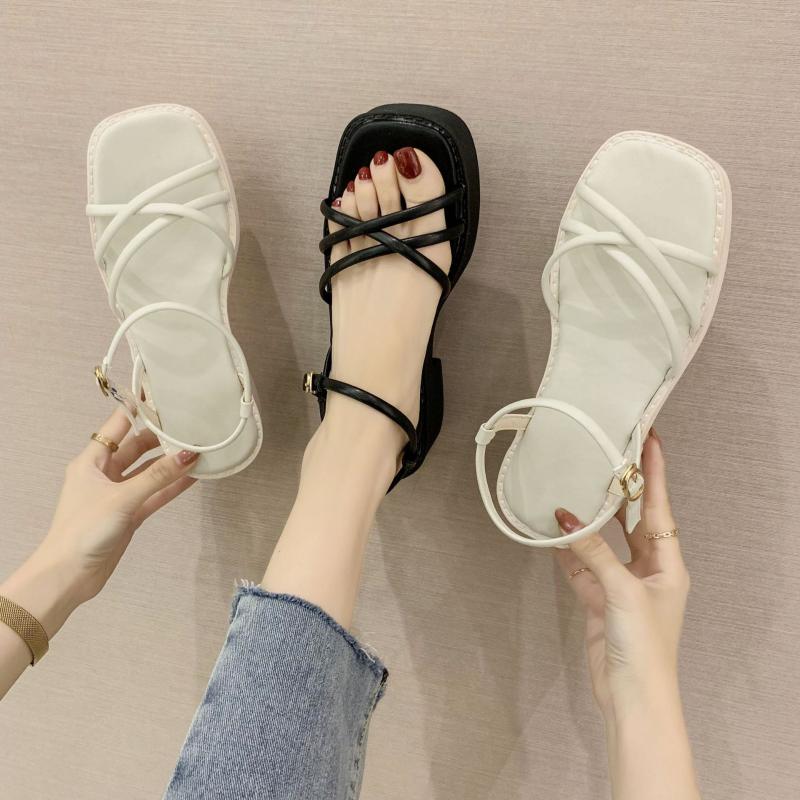 

Korean Square Toe Casual Tide Sandals Women's Comfortable Thick Heel Mid-heel Buckle Roman Platform Shoes, Beige