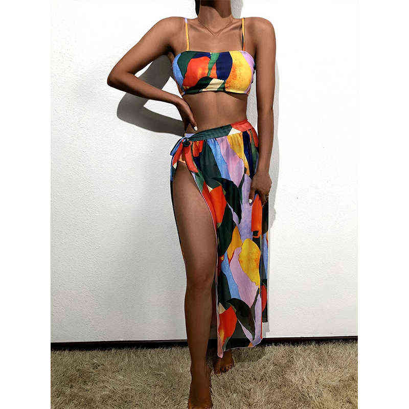

Mossha Sexy Mesh Skirt Swimsuit Women Colorblock Print Bikini Set Bandeau Push Up Swimwear High Waist Bathing Suit Beach Wear, White;black