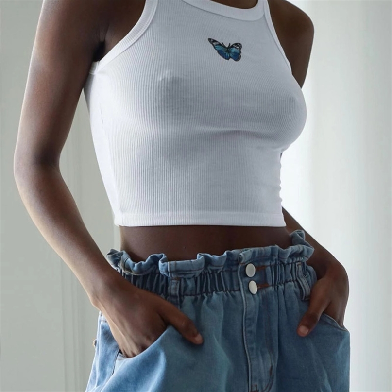 

Summer Vest Tank Pure Color Halter Crop Tops Casual Sexy Butterfly Embroidered Short Slim Sleeveless White 210607, Yellow