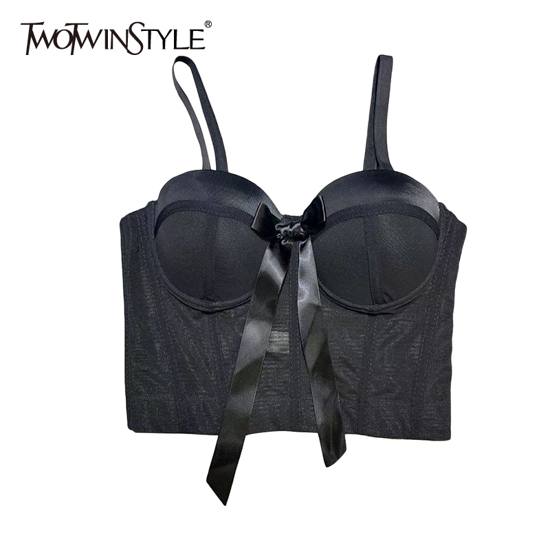 

Sexy Black Elastic Vests For Women Square Collar Sleeveless Patchwork Bowknot Short Slim Camis Female Clothing 210524, Apricot