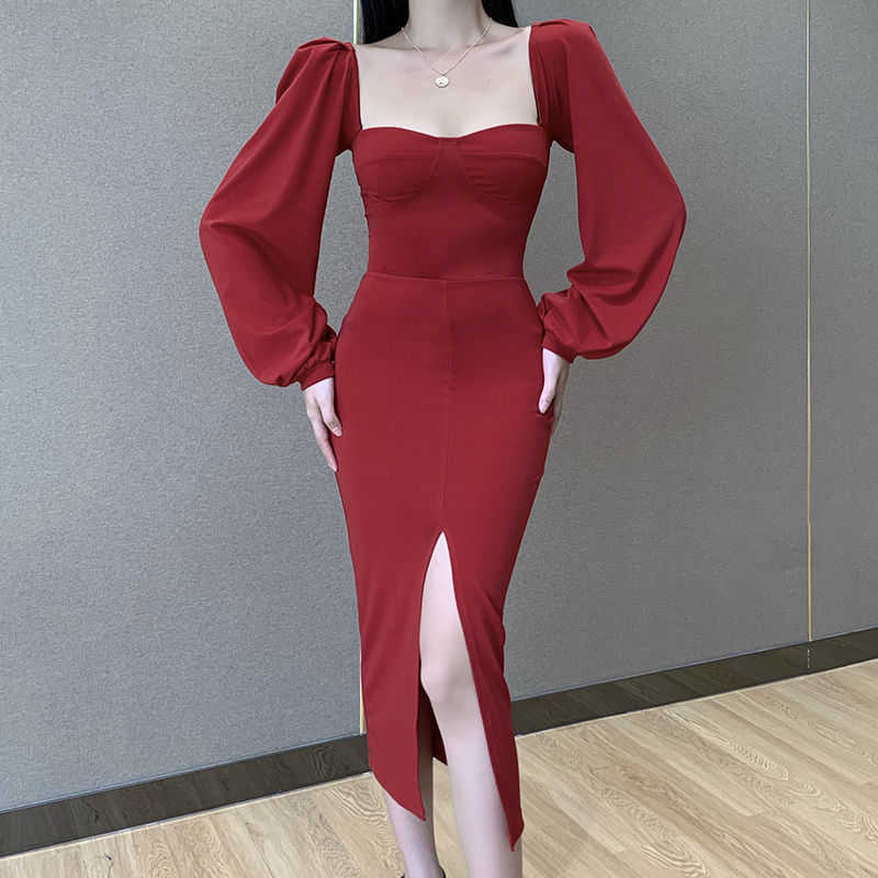 

Sexy Square Neck Puff Sleeve Bodycon Dress Women Autumn Winter Elegant Club Party Midi Lady Split Package Hip Slim es 210526, Red
