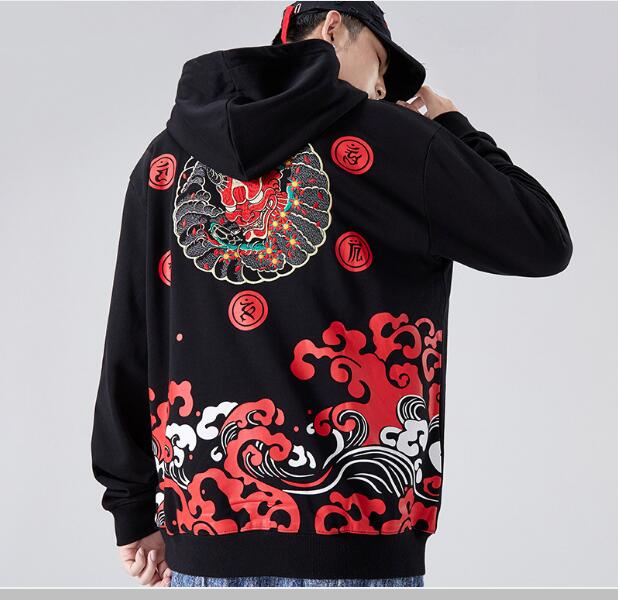 

Japanese Harajuku Hoodies Fashion Embroidery Pullover Cotton Autumn Arrival, Black