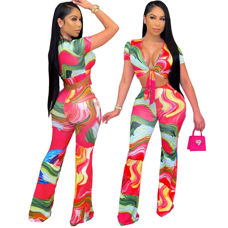 

Women' Two Piece Pants Summer Beach Style Red Printing Two-piece Set V-neck Short Sleeve Chest Strap Crop Tops Elastic Waist Fitness Flare