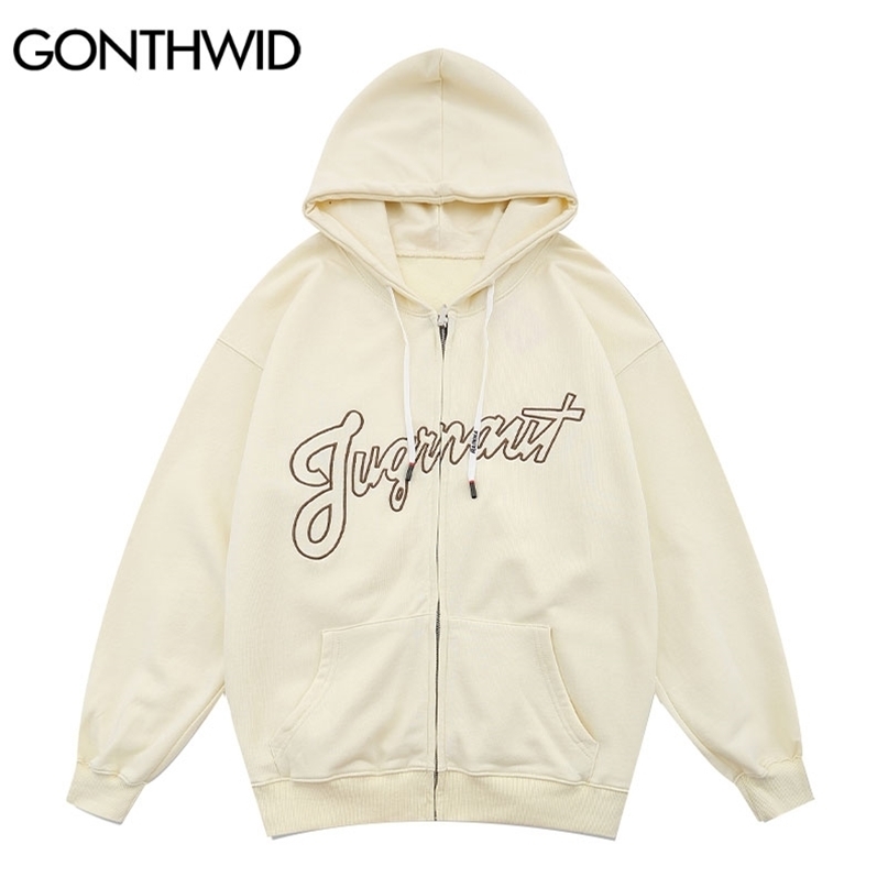 

GONTHWID Streetwear Zip Up Hoodie Jacket Hip Hop Zipper Hooded Sweatshirt Coat Mens Embroidered Letter Cotton Black 211110, Beige