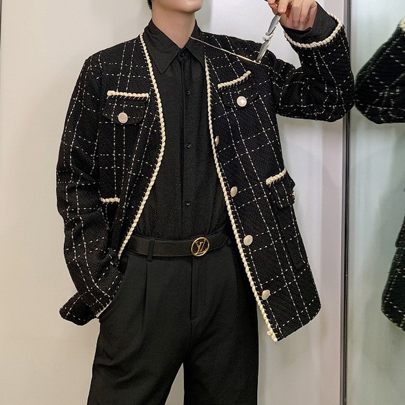 

Autumn Loose Weaving Plaid Blazer Jacket Male Women Terno Masculino Streetwear Vintage Fashion Casual Suit Coat Outerwear Men, White;black