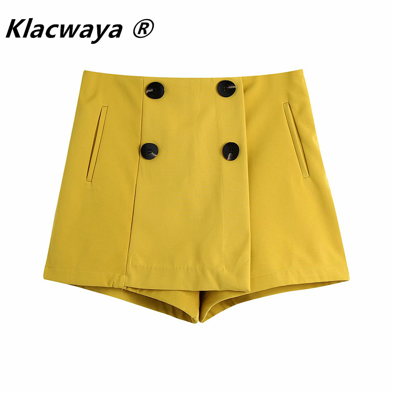 

women's spring Fashion Buttoned Casual Yellow Short Culottes Temperament High Waist Straight Shorts 210521