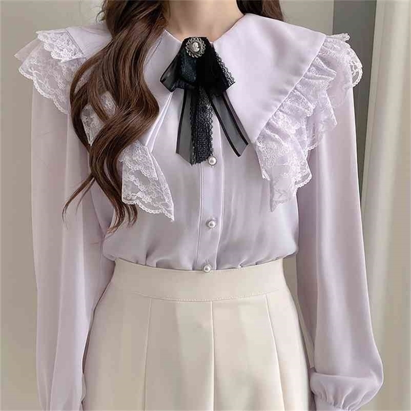 

Bowknot Lace tops Double Collar Solid Long Sleeve White OL Shirt Korean fashion Womeon Chiffon blouse shirt Blusa 210517, Purple