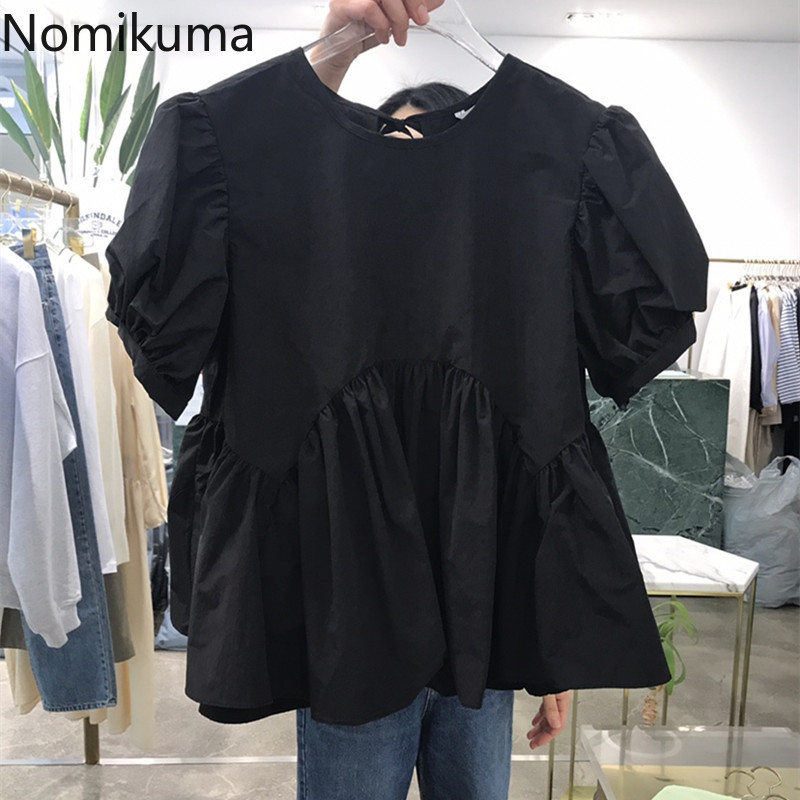 Nomikuma Sweet Women Doll Shirt Korean Bow Tie O-neck Causal Top Blusas Summer New Ruffle Blusas Mujer De Moda 6G272 210427