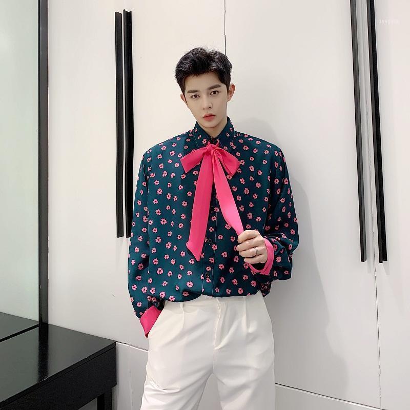 

Men Pink Floral Bow Tie Oversized Shirts Casual Long Sleeve Blouse Man Vintage Fashion Green Shirt Camisa Masculina1