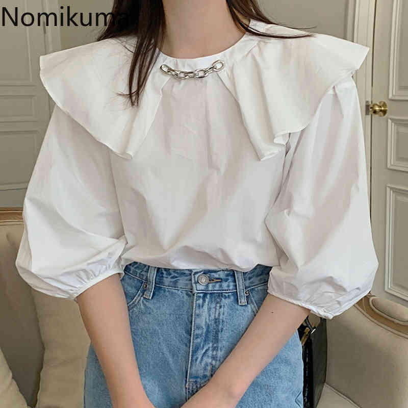 Nomikuma Korea Chic Chain Ruffle O-neck Blouse Shirt Sweet Puff Sleeve Womens Tops Elegant Solid New Blusas De Mujer 6G893 210427
