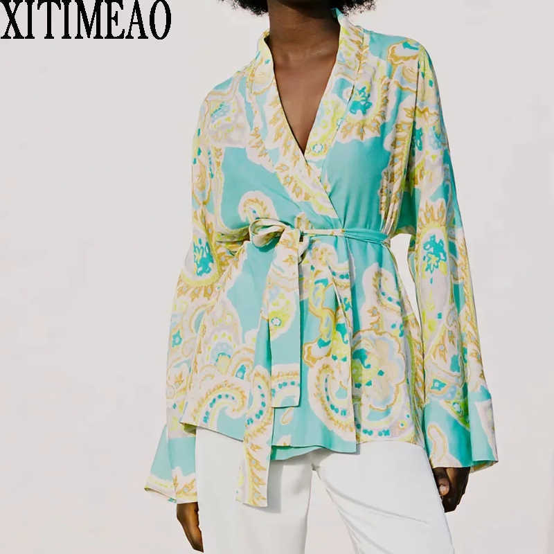 

ZA Spring Autumn Women Retro Floral Print Simple Style Loose Long Sleeve Kimono Shirt Casual Chic Tops With Belt XITIMEAO 210602, Green
