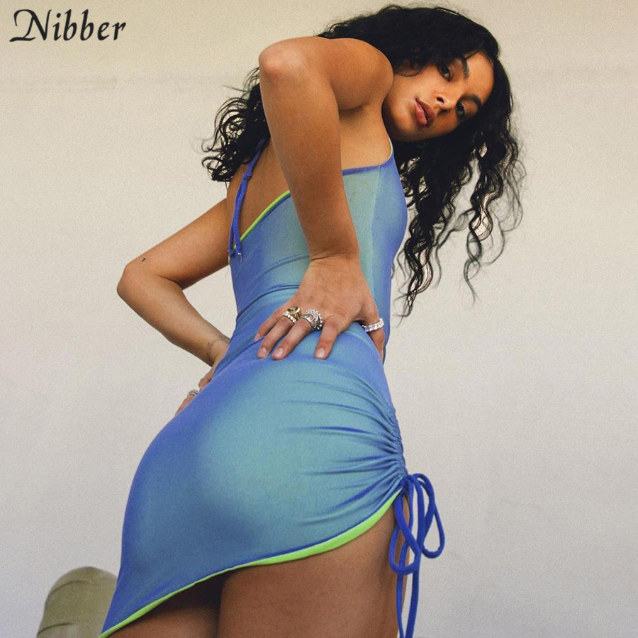 

2021nibber solid color dstring women party dress strap sleeveless halter bodycon club fashion skinny 2021summer mini dresses, Black;gray