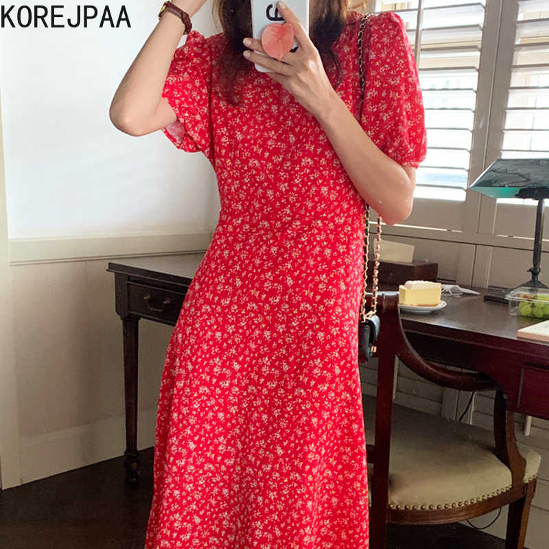 

Korejpaa Women Dress Summer Ladies French Gentle Round Neck Full-Screen Small Floral Design Slimming Puff Sleeve Vestidos 210526, Red