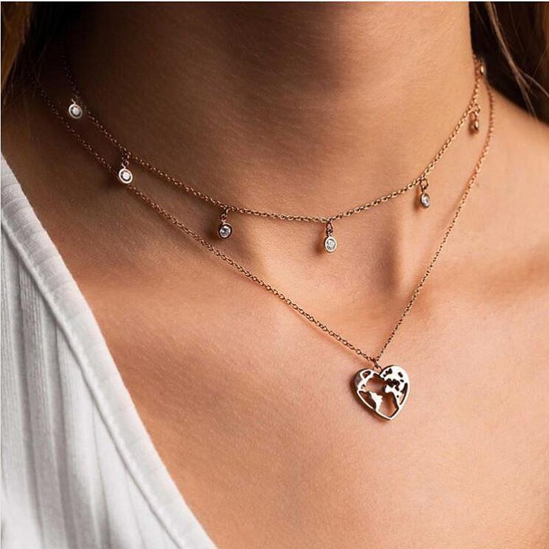 

Mavis Hare Stainless Steel Heart Shaped World Necklace And Multi-Crystal Nani Choker Chain As Valentines Day Gift Chokers