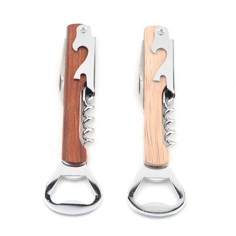 

Wood Handle Stainless Steel Hand-Held Deluxe Bottle Opener Corkscrew Double Hinge Waiters Wine Bottle Opener