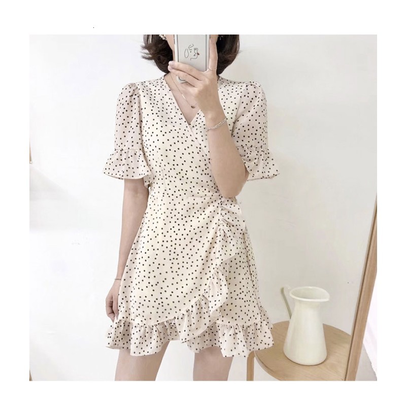 

Casual Dresses Feminine polka dots print ruffles V-neck chiffon 85AJ, White