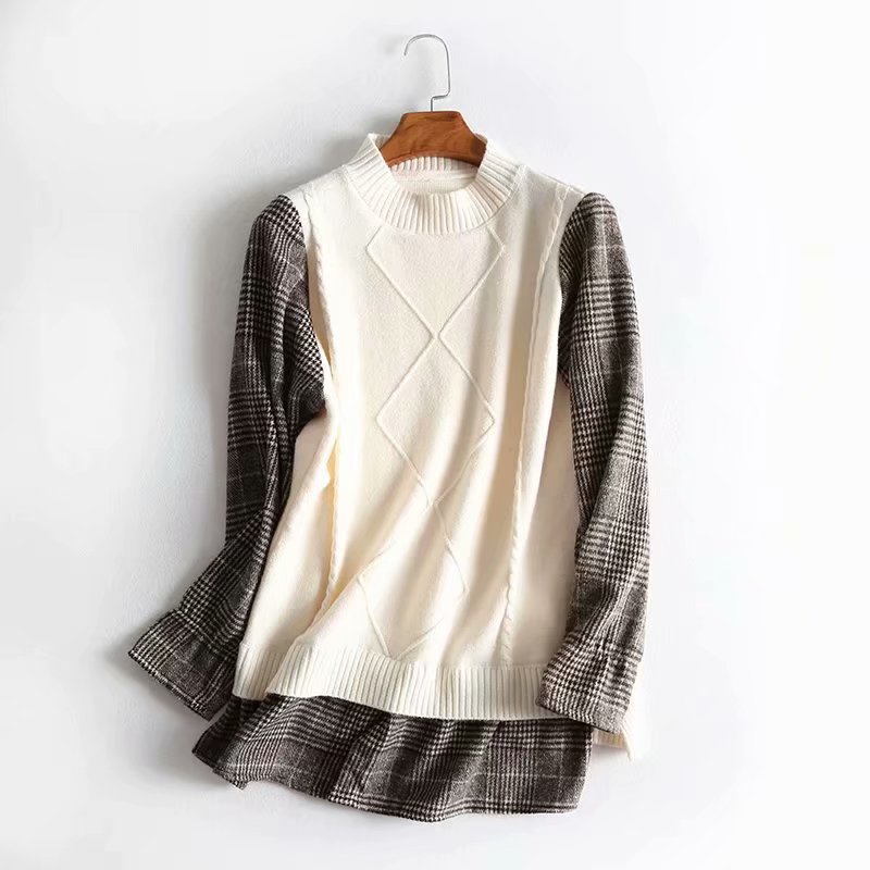 

Autumn Fashion Women Argyle Contrast Colors Plaid Patchwork Sleeve Sweater Stylish Chic Female Knitwear Casual Pullovers 210520