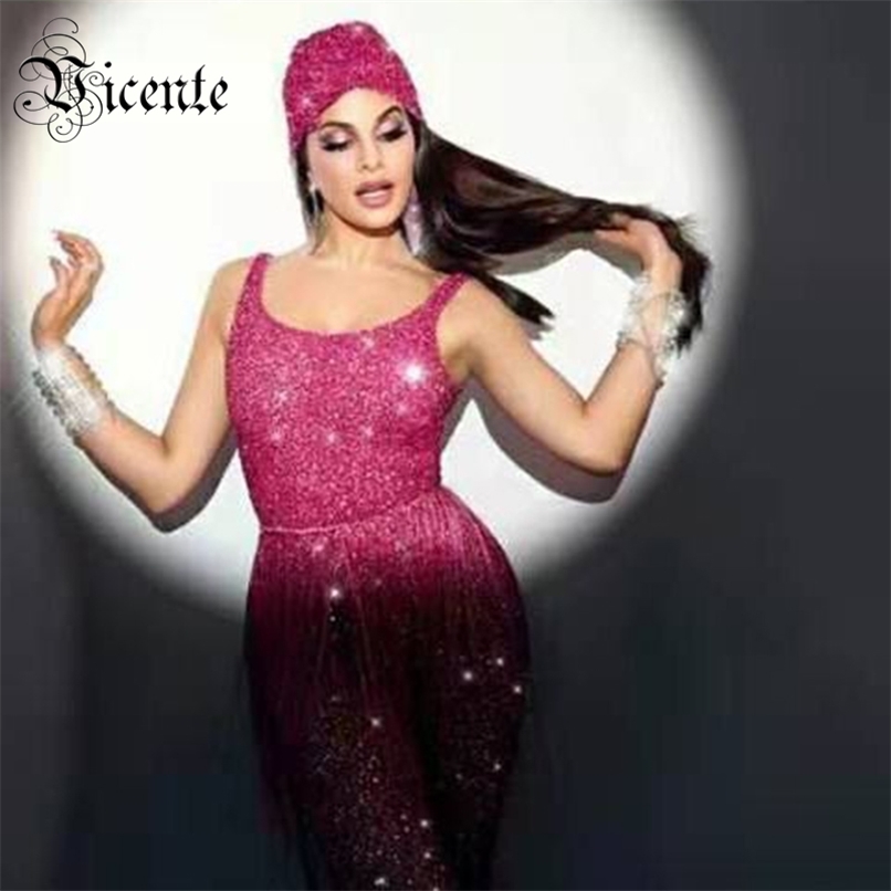 

Trendy Pink Jumpsuit Tassels Sequins Design Sexy Sleeveless Celebrity Party Club 210520, Beige