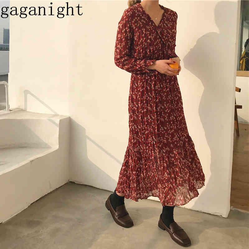 

Gaganight Floral Vintage Women Maxi Bodycon Dress Holiday Spring Fashion Laides Draped Dresses Long Sleeve V Neck Chic Vestidos 210519, Red