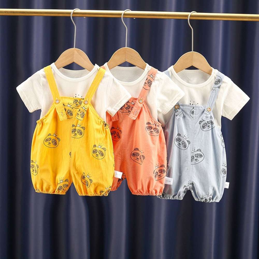 

summer manyin cute cartoon strap suit for boys and girls, White