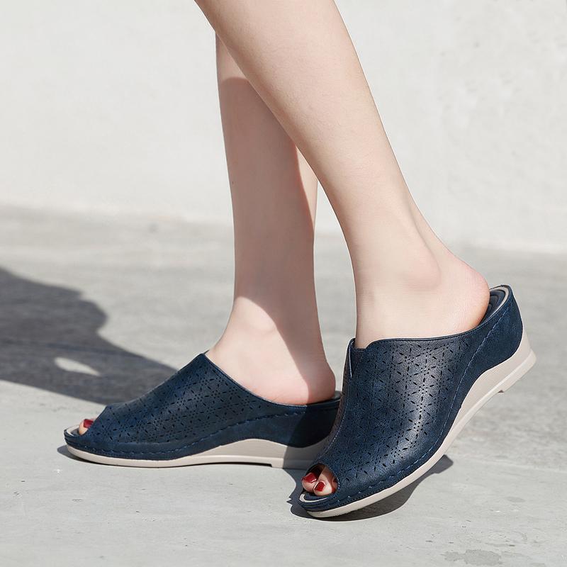 

Slippers Ladies Wedge Leather Open Toe Non-slip Shoes Women, Blue