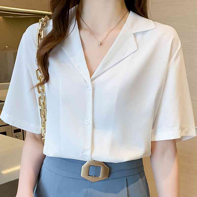 

Blouse Women Blouses Top Femme Short Sleeve Tops Women Blusas Mujer De Moda Verano V-Neck Chiffon White Blouse Shirt E796 210602, Light yellow