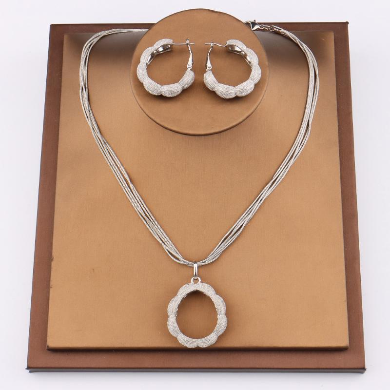 

Earrings & Necklace Luxury Woman Jewelry Sets Unusual Geometry Chains Circle Silver Plated For Engagement Accessories, As pic