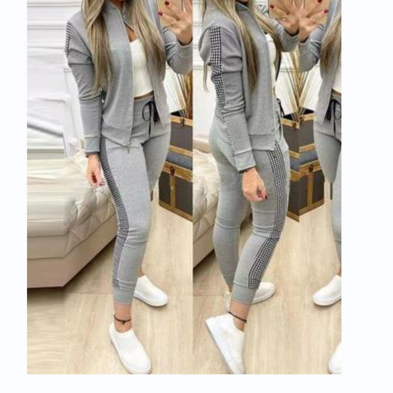 

2021 autumn new women's two-piece suit zipper stitching plaid long-sleeved loose casual, White