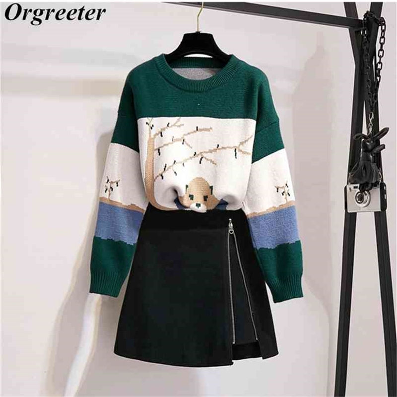 

Fall Winter Casual Women Two piece set Cartoon animal jacquard Stitching Sweater and A-line Mini Skirt Student Sets 210602, Only skirts
