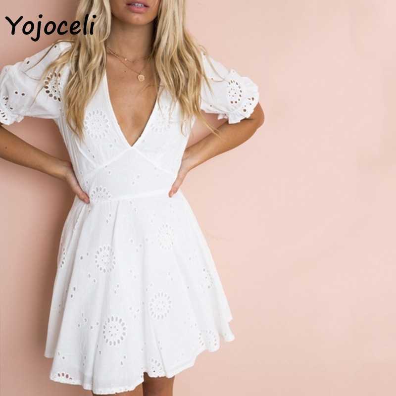

Yojoceli spring summer cotton embroidery dres v neck hollow out skater 210609, White