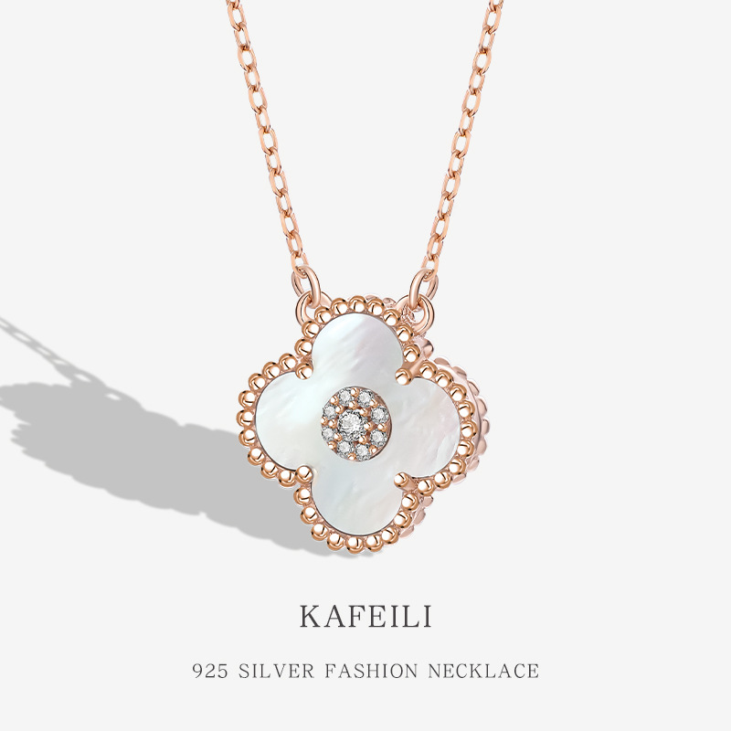 

Light Luxury Niche Necklace S925 Silver French Necklace Female Design Double-sided Clover White Mother Shell Black Agate Pendant
