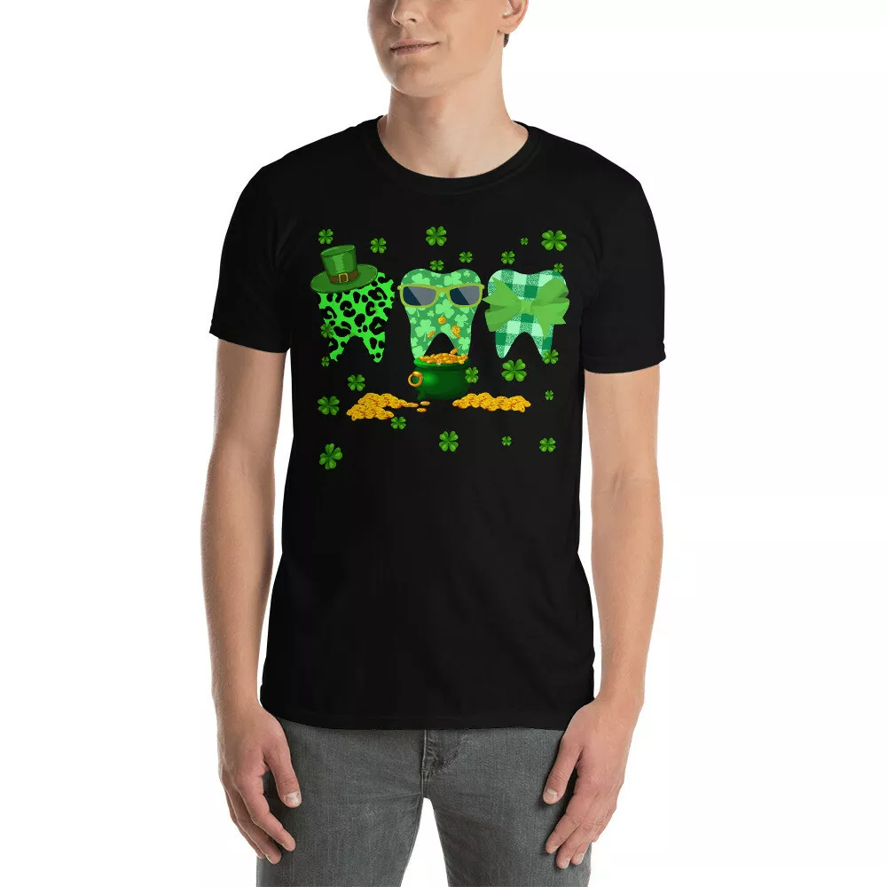 

Three Teeth Green Plaid Leopard Cute St Patrick's Day Dental Dentist T-Shirt, White;black