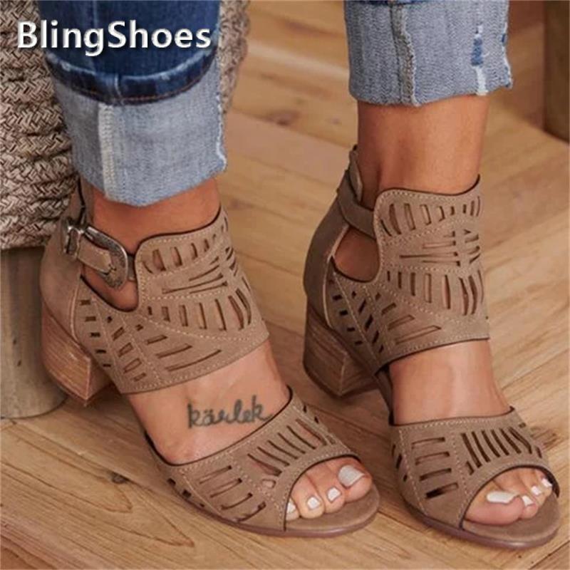 

Women Mid Heel Sandals 2021 Summer Hollow Out Buckle Female Shoes Casual Artificial Open Toe Wedding Pumps Sandalias, Black