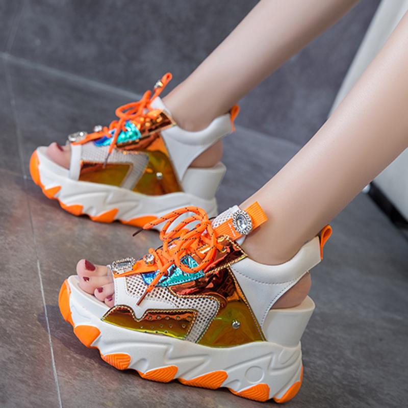 

Summer Womens Wedges High Heels Sandals Women Fashion Sneakers Mesh Sandalias Woman Cross Strap Fish Mouth Platform Shoes, Black