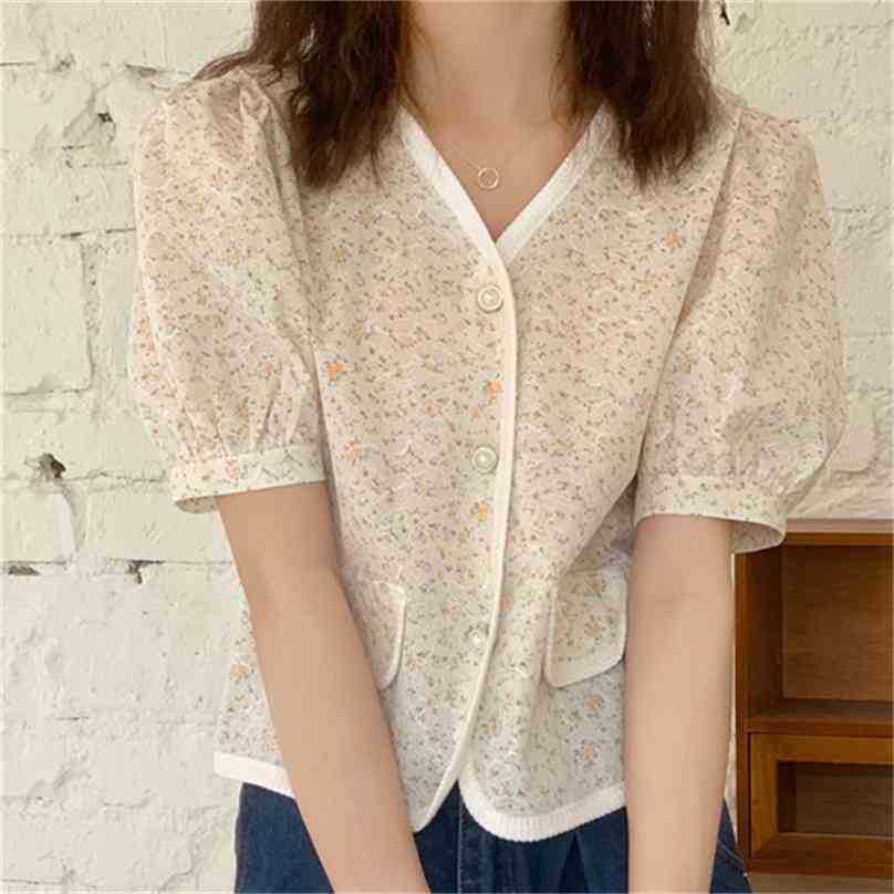 

Vintage Elegance Florals All Match Slim Gentle High Quality Summer Fashion Chic Office Lady V-Neck Blouses Tops 210525, Blue