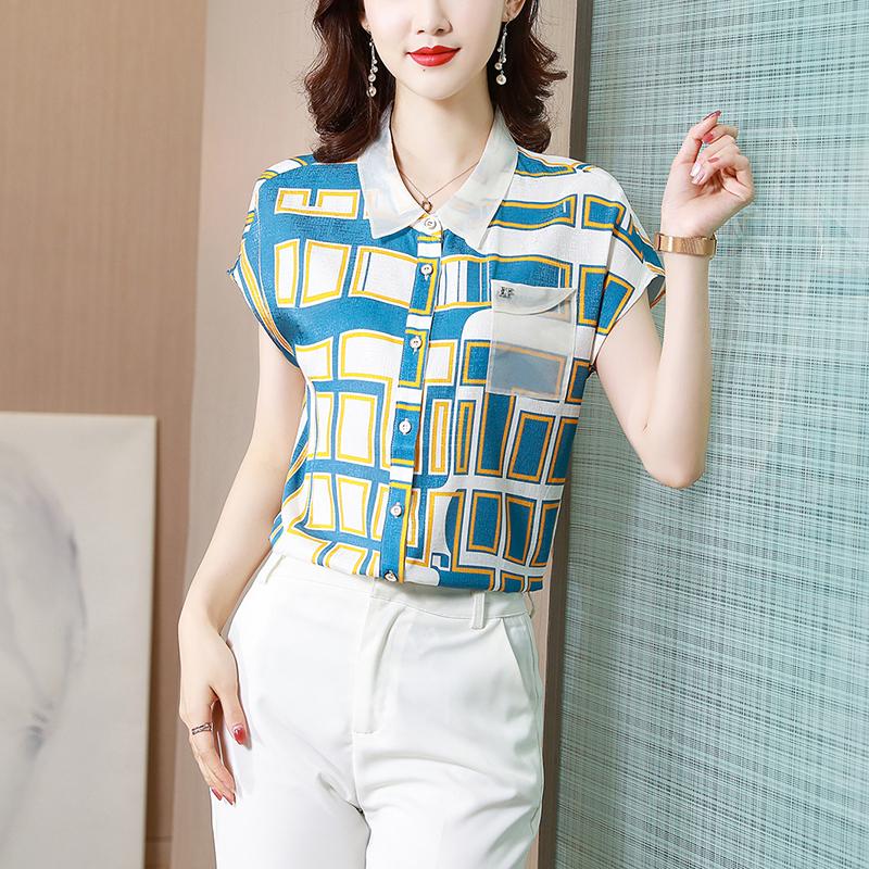 

Women' Blouses & Shirts Summer Silk Tops Ladies Short Sleeve Blouse Female Pocket Blusas Mujer, Blue