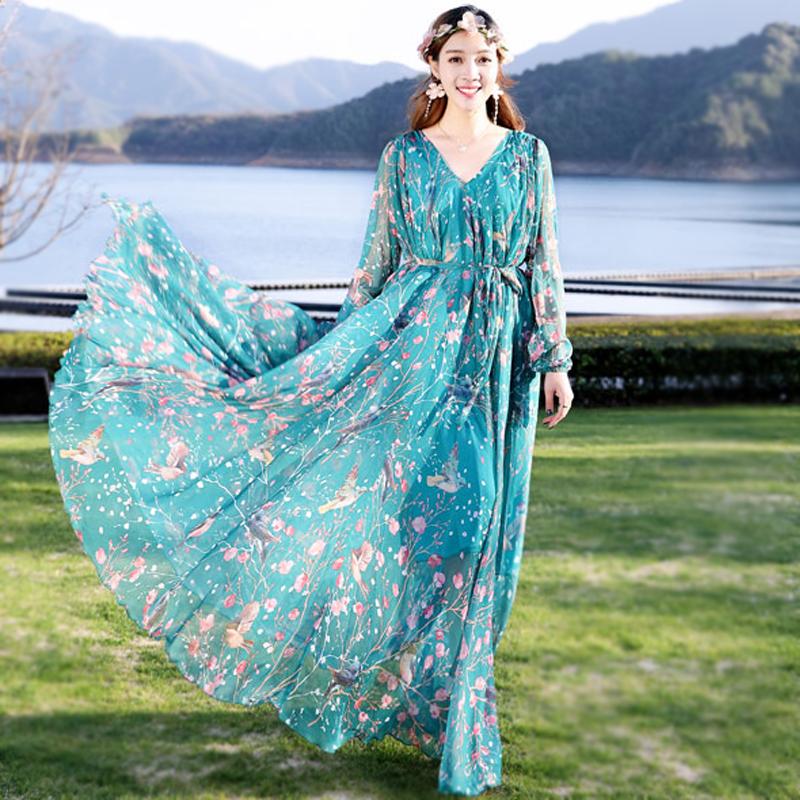 

Casual Dresses 2021 Summer Chiffon Long Sleeve Maxi Dress Bohemia Full Plus Size Celebrity/graduation/Dinner Beach Sundress, Blue floral-v