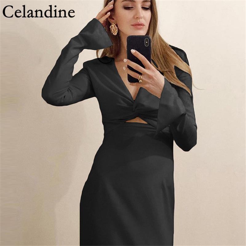 

Celandine Sexy V Neck Long Women Dress Elegant Hollow Out Dresses Black White Sleeve Bodycon Party Night Robe Autumn Casual, Black;gray